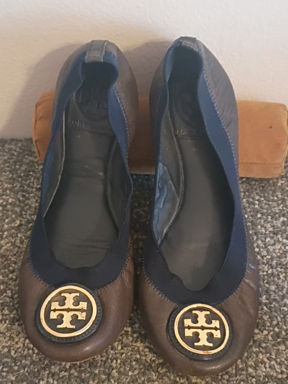 Tory Burch Brown Leather Ballet Flats with Navy Trim and Gold Logo